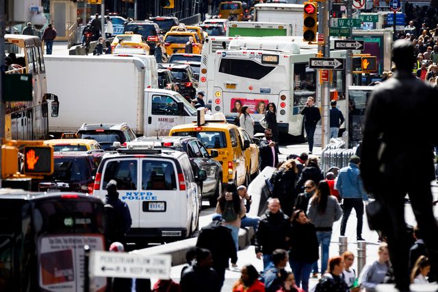 Traffic in Manhattan's Times Square in April 2019 where cars are bumper to bumper.